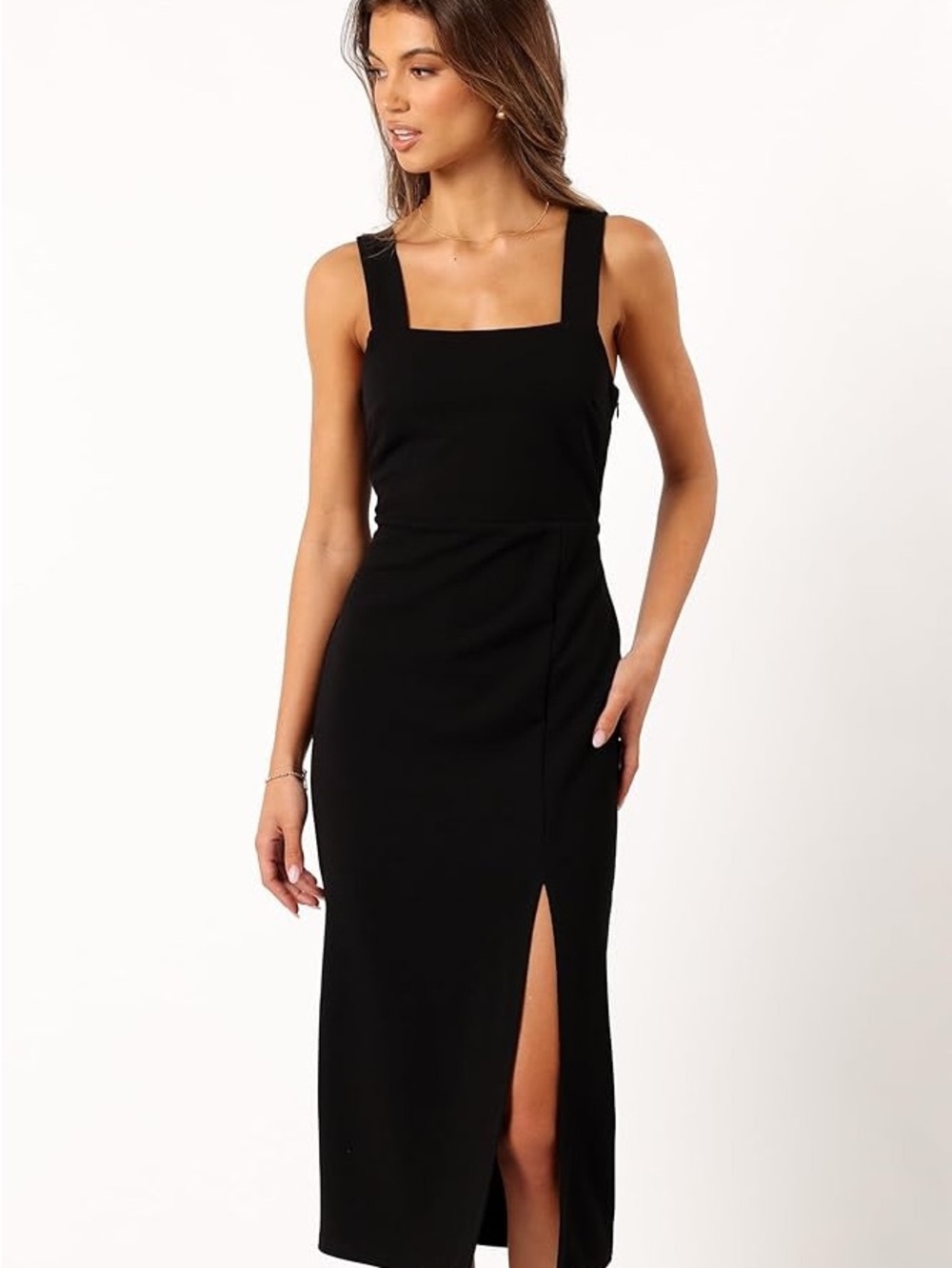 Petal & Pup | Black Square-Neck Midi Dress with Side Slit